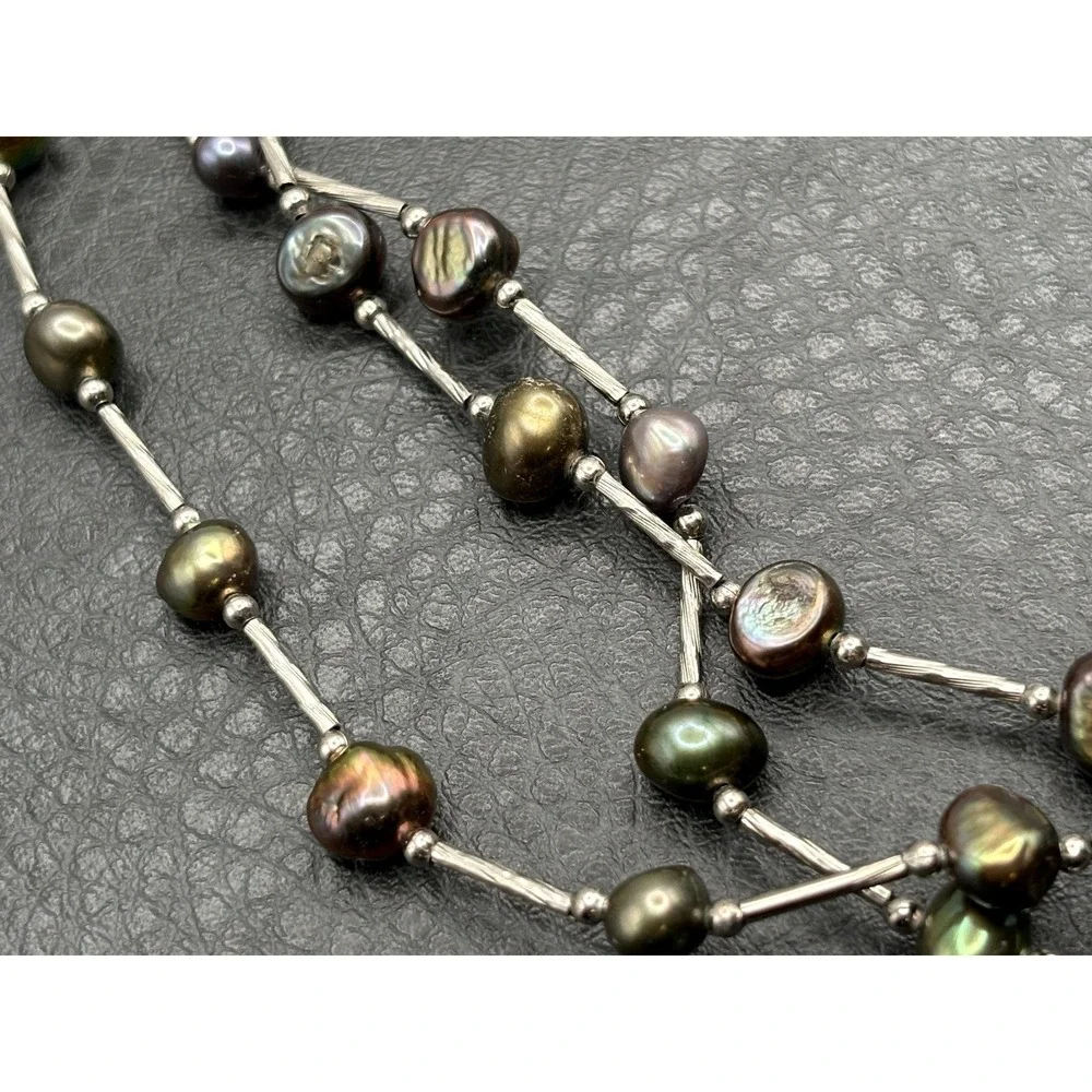 Iridescent Multi-Strand Pearl Bead Necklace 7mm Freshwater Silver Tone 17